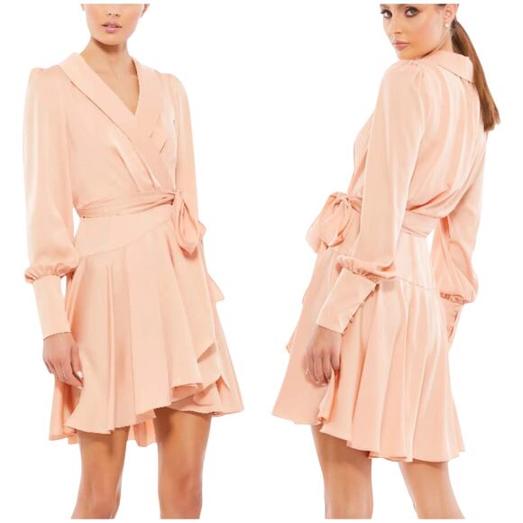 Mac Duggal NWT Salmon Peach Bishop Long Sleeve Satin Short Wrap Dress Size 0 - Picture 1 of 10